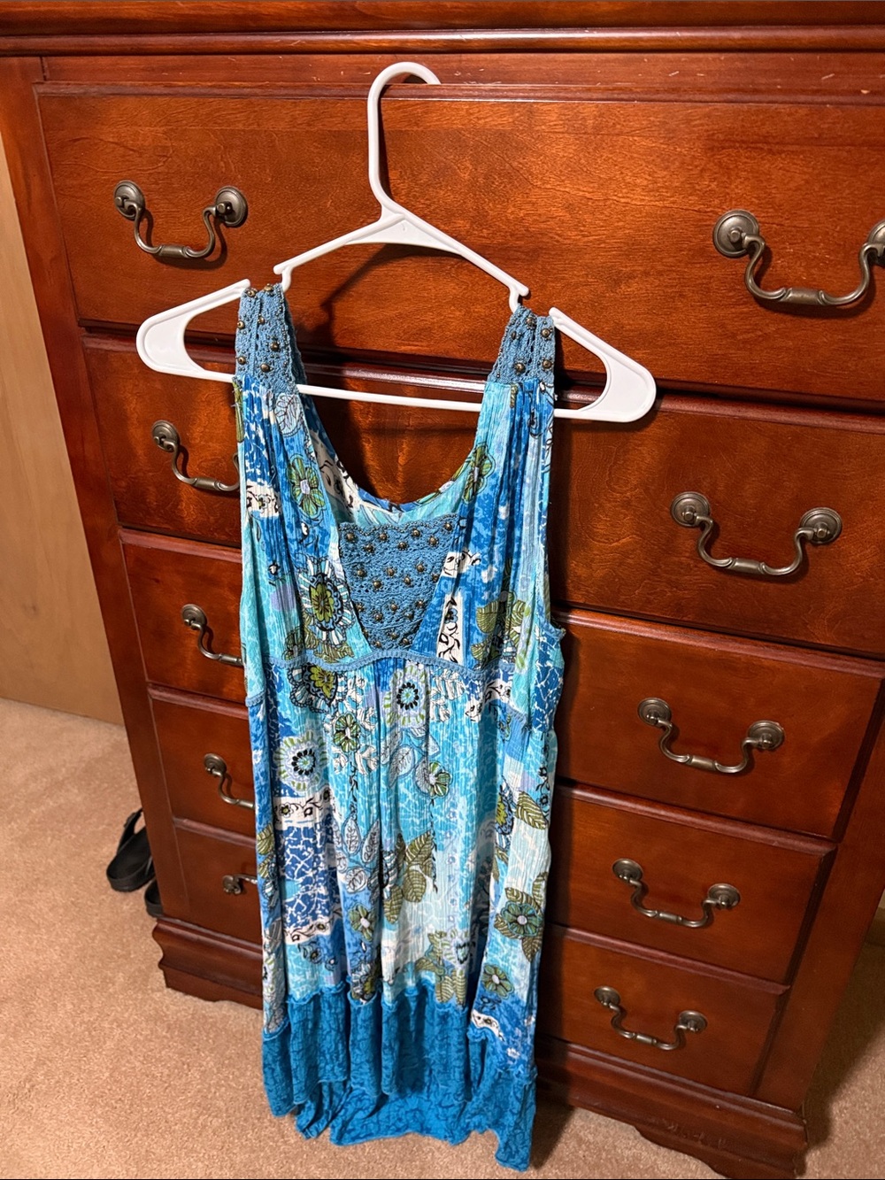 Women's Blue Floral Pattern One-Piece Dress with Brad embellishments